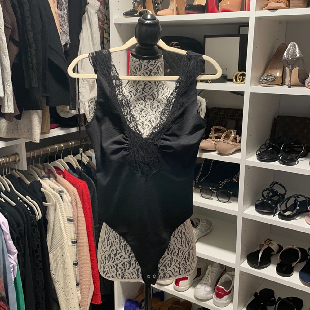 Black FP bodysuit with lace detail and scoop back